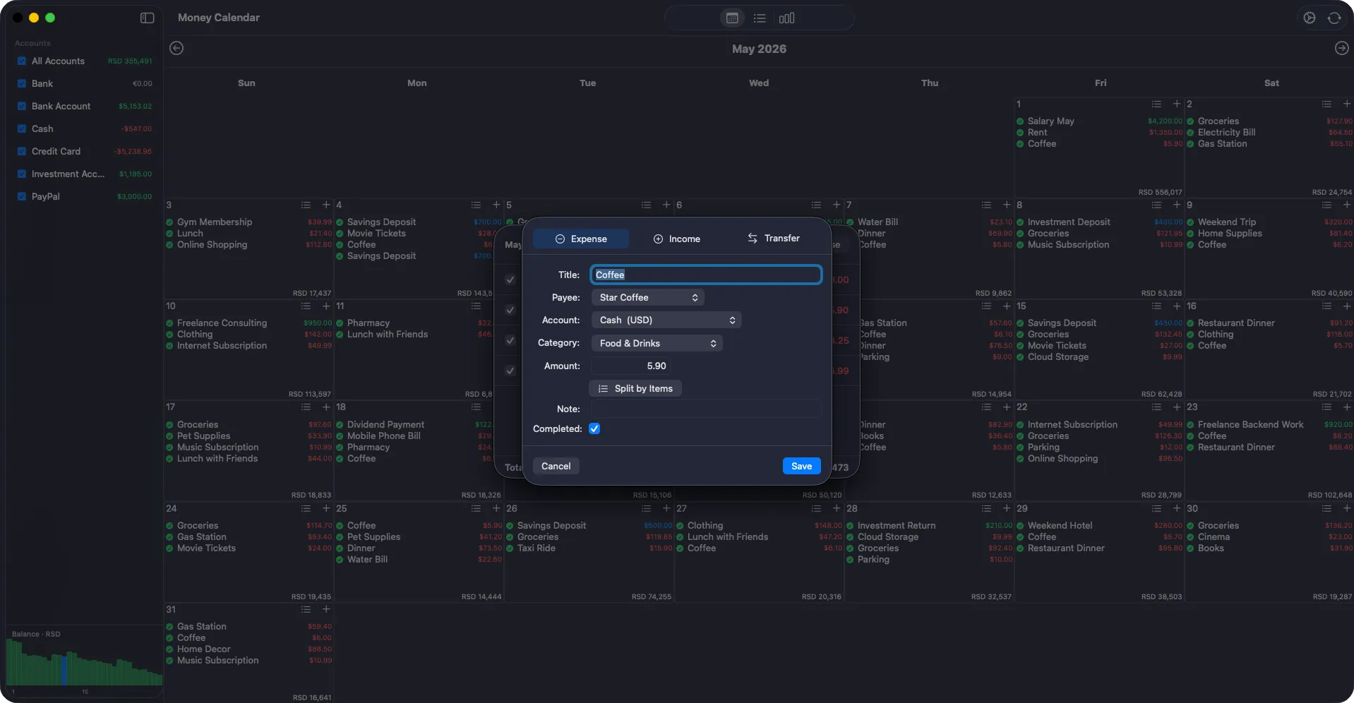 Money Calendar for macOS — Interactive Month View (Dark Theme)