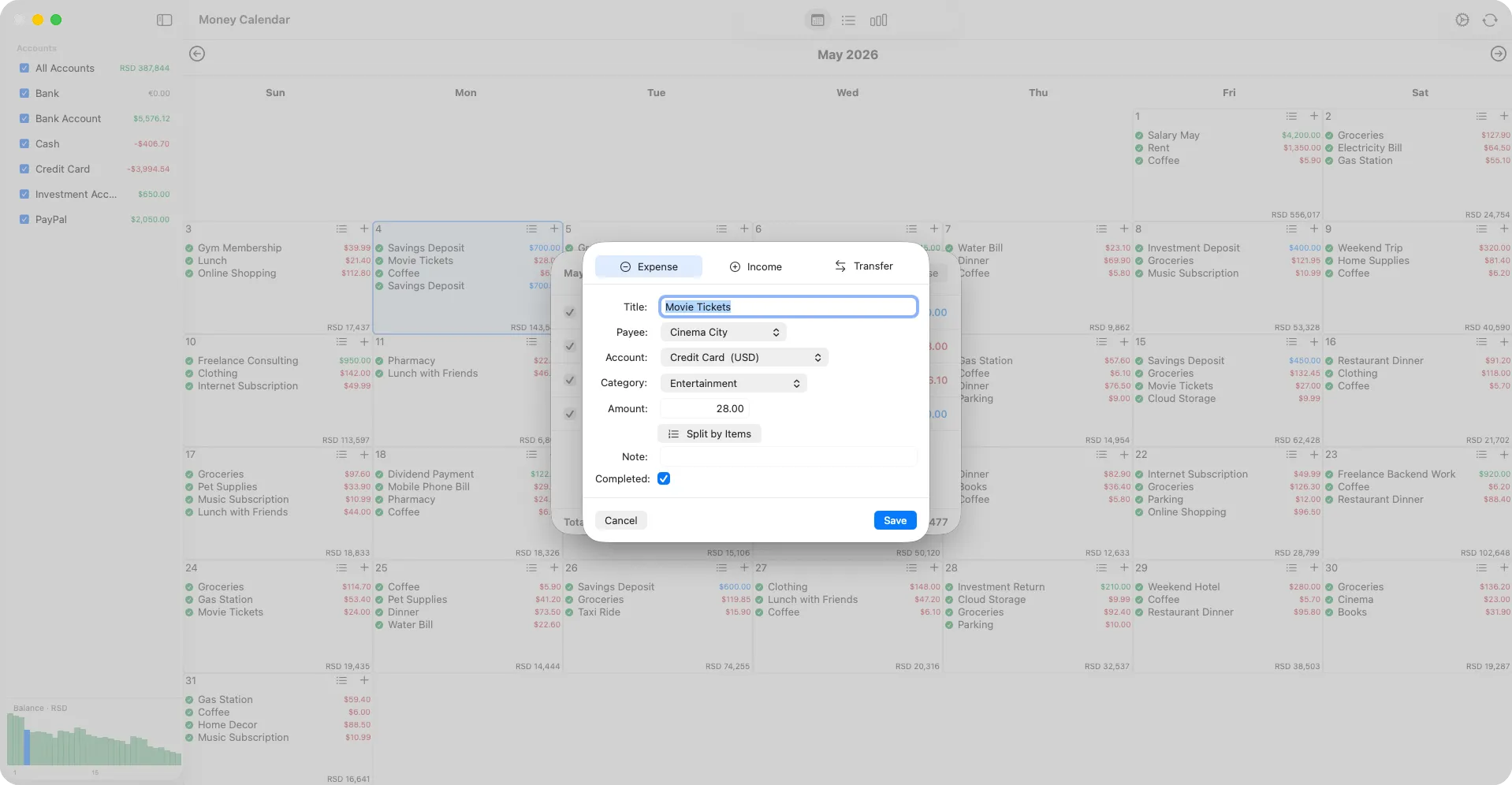 Money Calendar for macOS — Interactive Month View (Light Theme)
