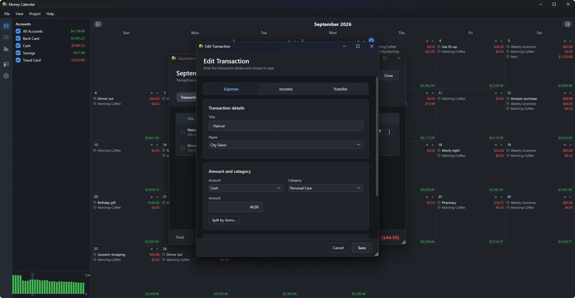 Money Calendar for Windows — Interactive Month View (Dark Theme)