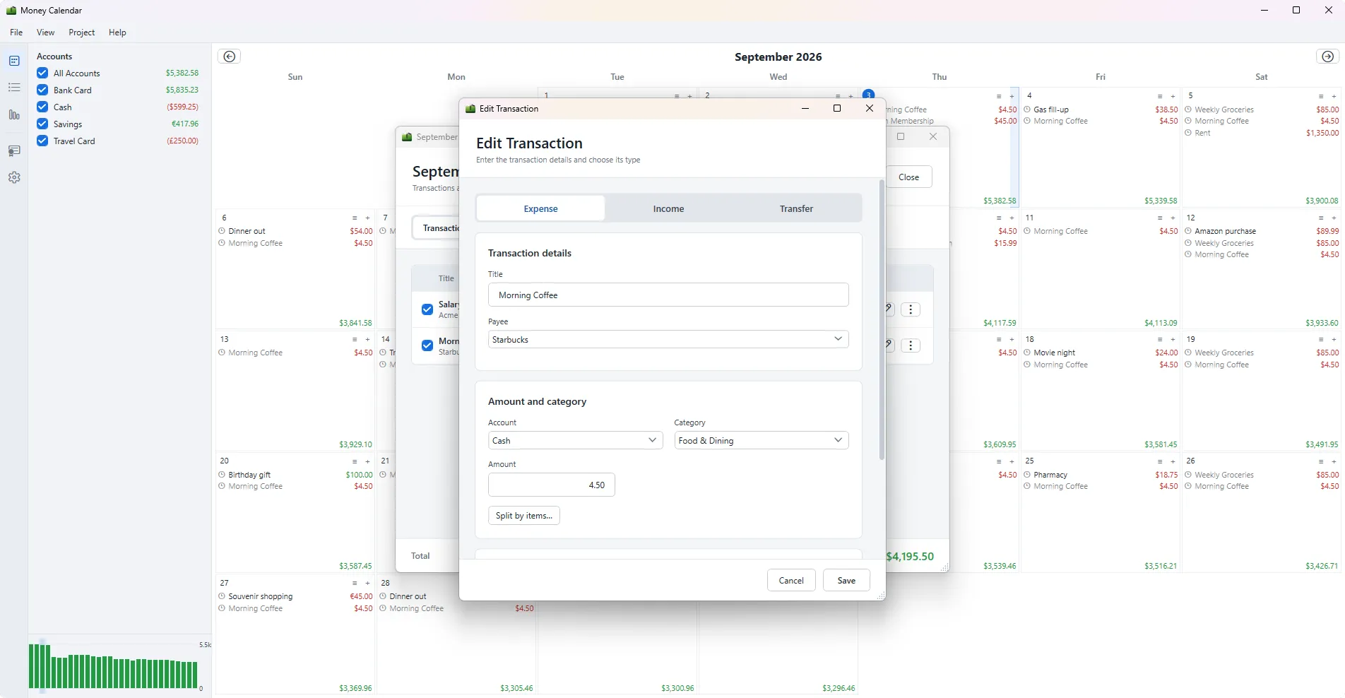 Money Calendar for Windows — Interactive Month View (Light Theme)