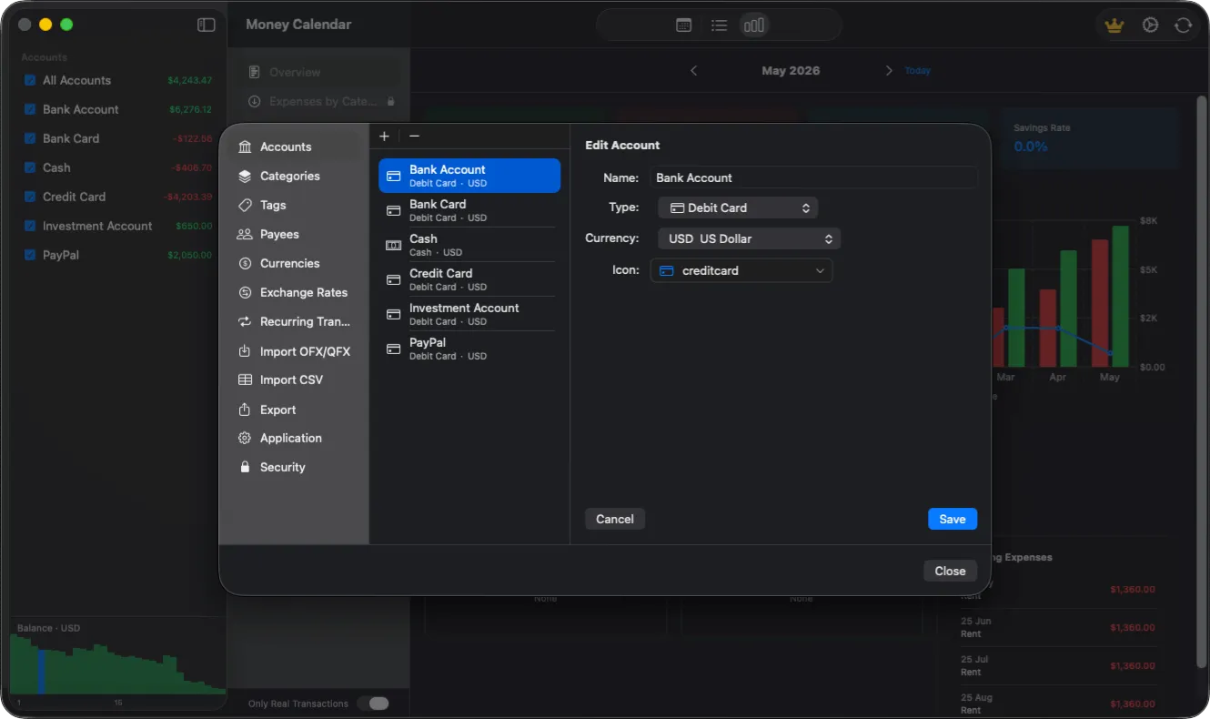 Account management screen for personal finance accounts and balances