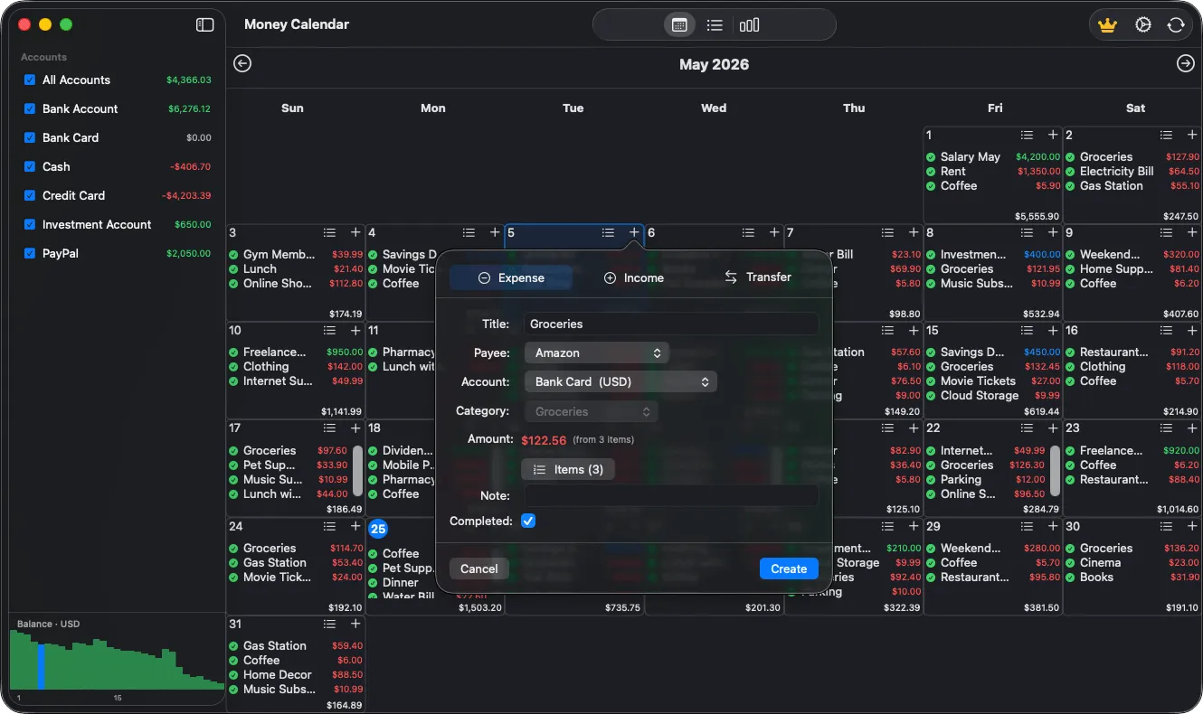Add new income, expense, or transfer transaction in Money Calendar