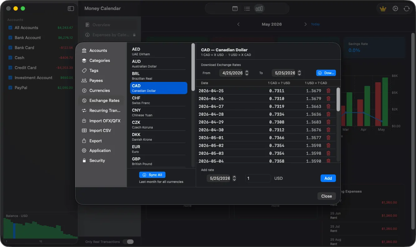 Currency exchange rates management in Money Calendar app