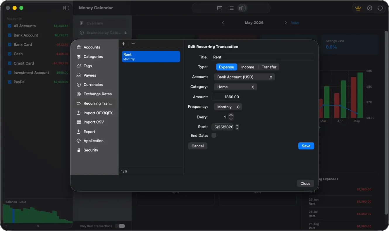 Recurring transactions management for automatic payments and income