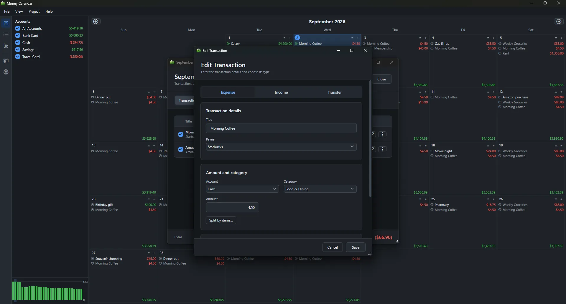 Money Calendar edit transaction screen