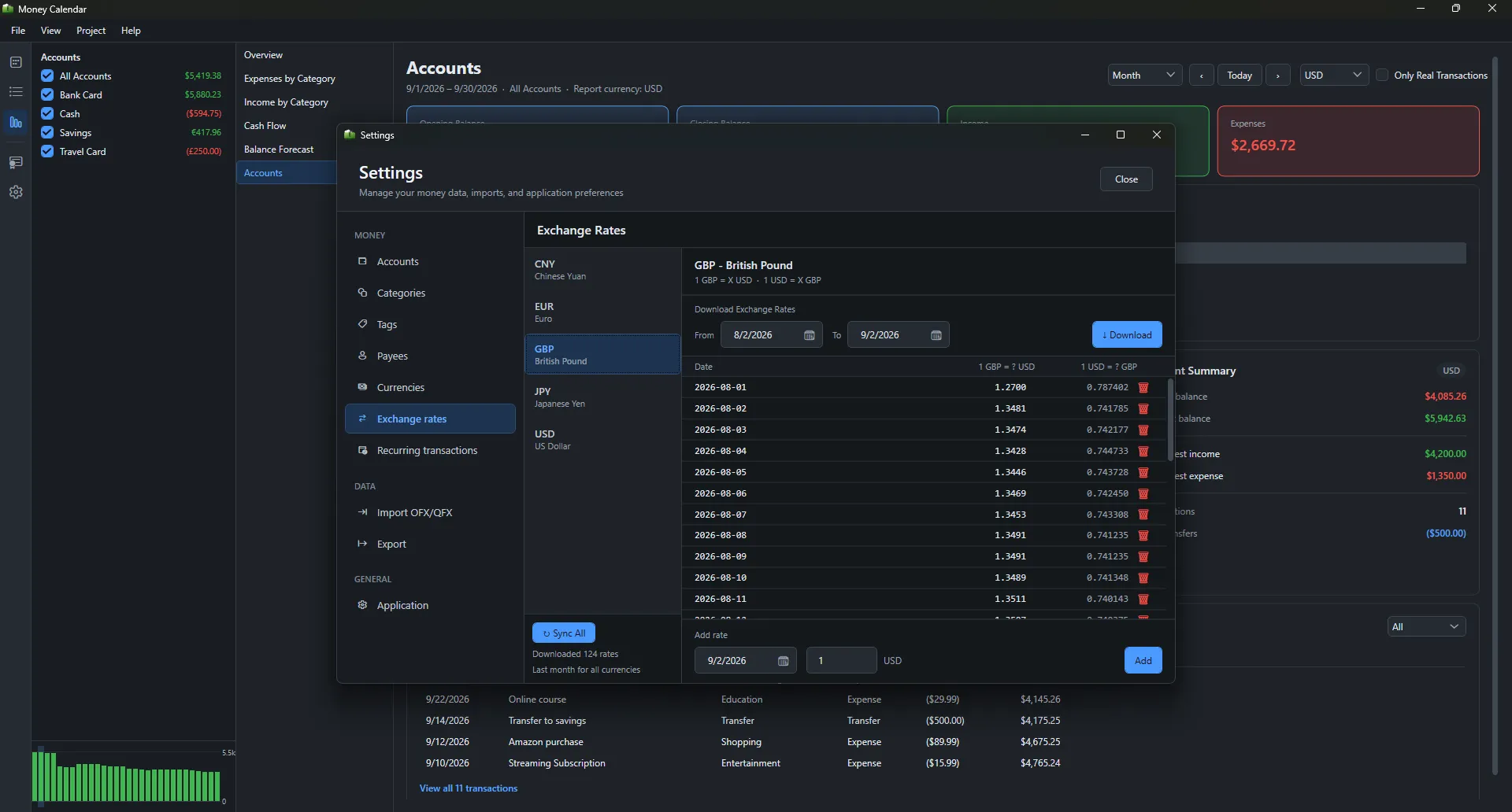 Money Calendar exchange rates settings