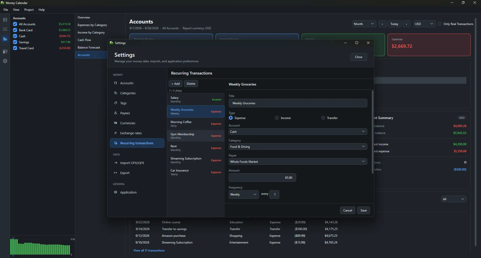 Money Calendar recurring transactions settings