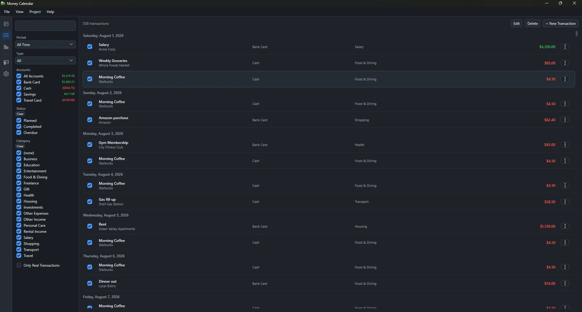 Money Calendar transactions list